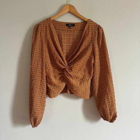 Lulus Throwback Trend Mustard Yellow Geo Print Twist-Front Top - Picture 3 of 8